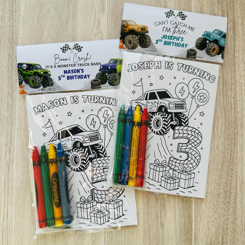 May include: Coloring pages and crayons for a monster truck-themed birthday party. The pages feature a monster truck design and the text "Mason is turning 5" and "Joseph is turning 3". The crayons are in various colors.