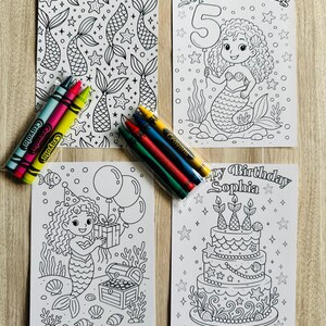 May include: Four coloring pages with mermaid themes and a set of crayons. One page has mermaid tails and stars. The other pages say "Sophia is turning 5" and "Happy Birthday Sophia". The last page has a mermaid with a gift.