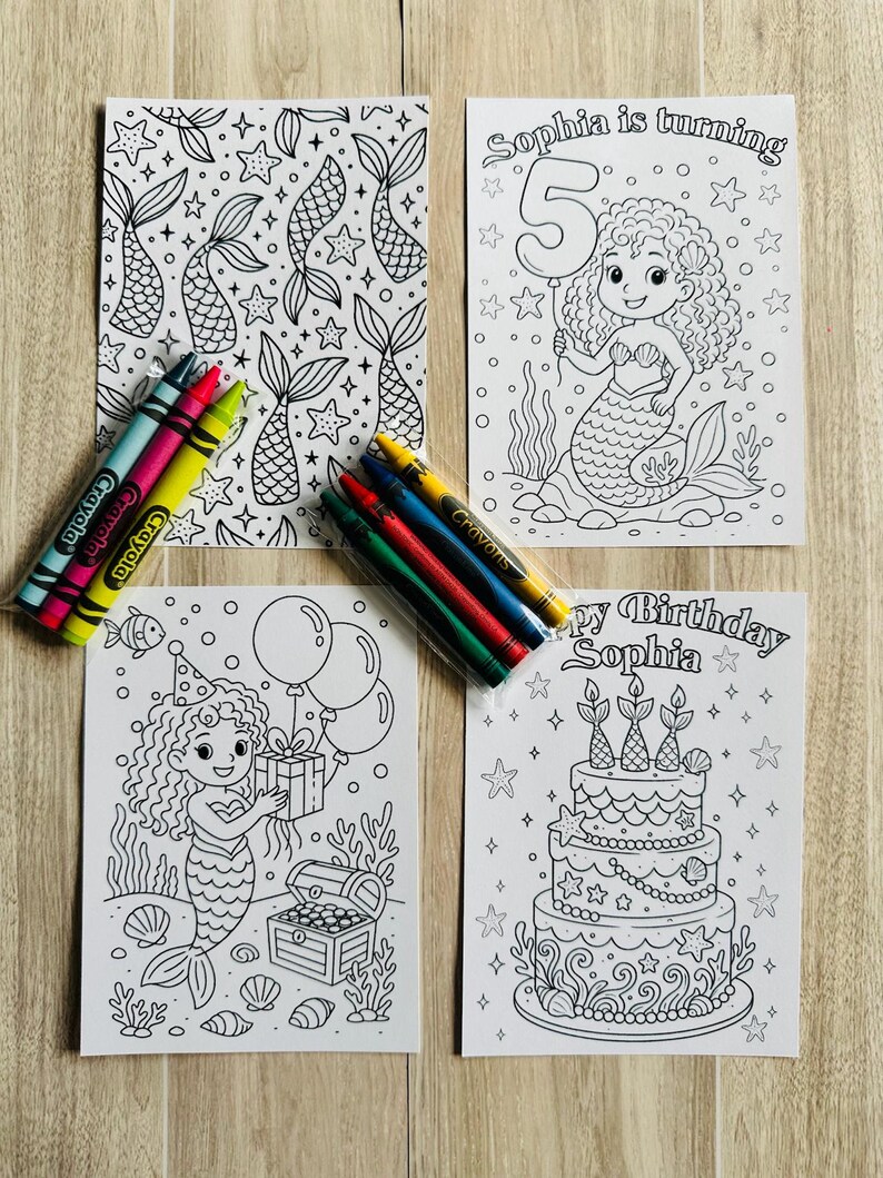 May include: Four coloring pages with mermaid themes and a set of crayons. One page has mermaid tails and stars. The other pages say "Sophia is turning 5" and "Happy Birthday Sophia". The last page has a mermaid with a gift.