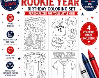 Rookie Year Birthday Coloring Pages, Baseball 1st Birthday Party Favor, Sports Coloring Activity, Printable Digital Download