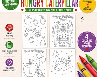 Hungry Caterpillar Birthday Coloring Pages, Printable Party Activity, Kids Party Favor