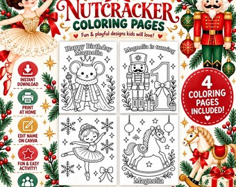 Nutcracker Printable Coloring Pages, Christmas Birthday Favor,  Kids Party Coloring Sheets, Instant Download