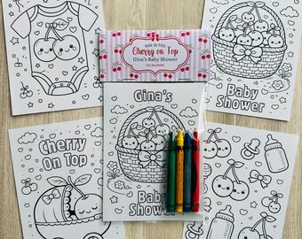 Cherry On Top Baby Shower Party Favor, Cherry Themed Coloring Pages with Crayons