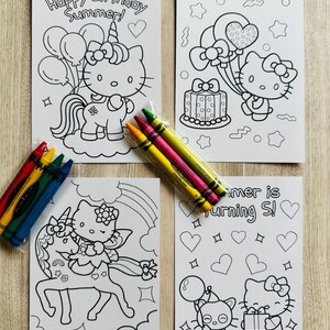 May include: Four Hello Kitty themed coloring pages with the text "Happy Birthday Summer!" and "Summer is turning 5!" are shown with two sets of crayons. The pages feature Hello Kitty with balloons, a cake, and a unicorn.