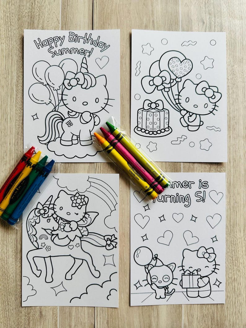 May include: Four Hello Kitty themed coloring pages with the text "Happy Birthday Summer!" and "Summer is turning 5!" are shown with two sets of crayons. The pages feature Hello Kitty with balloons, a cake, and a unicorn.