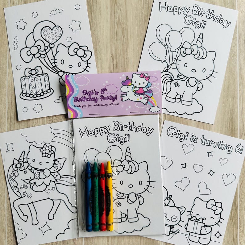May include: A set of Hello Kitty themed coloring pages and a small card. The pages feature the text "Happy Birthday Gigi!" and "Gigi is turning 6!". Crayons are included. The card reads "Gigi's 6th Birthday Party!" with a unicorn.