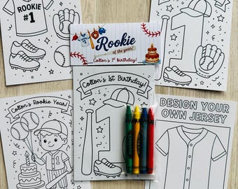 Recuerdo de fiesta de Novato del Año, páginas para colorear de béisbol con crayones, bolsa de regalos para el primer cumpleaños