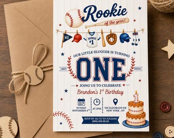 Rookie of the Year 1st Birthday Invitation Template, Baseball First Birthday Invite
