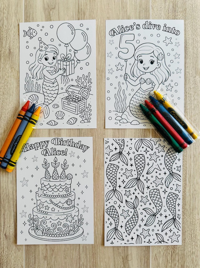 May include: Four mermaid-themed coloring pages with crayons. The pages feature mermaids, a birthday cake, and mermaid tails. One page says "Alice's dive into 5", and another says "Happy Birthday Alice!"