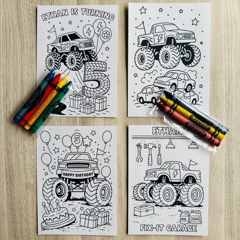 Monster Truck Party Favor, Personalized Monster Jam Coloring Pages with Crayons, Big Wheels Birthday image 7