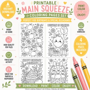 Könnte beinhalten: Ein Set aus vier druckbaren Ausmalbildern mit Zitronenmotiven, darunter eine Zitronenfigur mit Luftballon, ein Cupcake und ein Korb mit Zitronen. Der Text enthält "MAIN SQUEEZE COLORING PAGES SET" und "LEIGHTON IS TURNING 1".