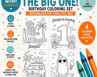 Le grand jeu de coloriage, cadeau de 1er anniversaire de surf, activité de coloriage de plage, téléchargement numérique