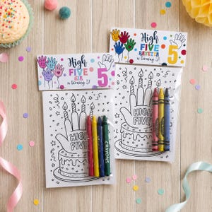 May include: Two clear plastic favor bags containing coloring sheets and crayons. The sheets feature a birthday cake with candles and the text High Five. The header cards display colorful hand prints and the text High Five Gia is turning 5 or Rayetta is turning 5.