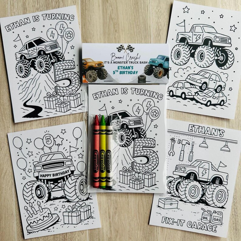Monster Truck Party Favor, Personalized Monster Jam Coloring Pages with Crayons, Big Wheels Birthday image 4