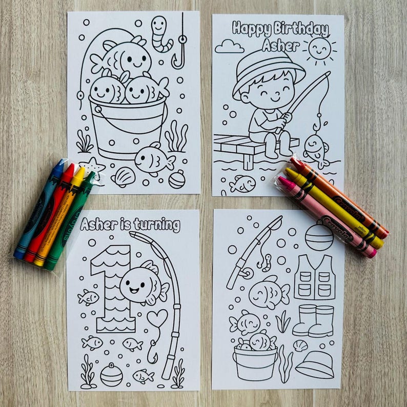 O-Fish-Ally One Party Favor, Fishing Coloring Pages with Crayons, Under the Sea 1st Birthday bild 4