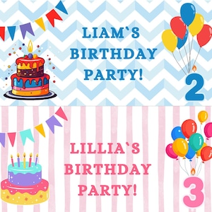 Puede incluir: Dos pancartas de fiesta de cumplea&ntilde;os. La pancarta superior tiene un fondo de chevron azul y blanco con el texto "Liam's Birthday Party!" y un pastel colorido. La pancarta inferior tiene rayas rosas, el texto "Lillia's Birthday Party!" y un pastel.