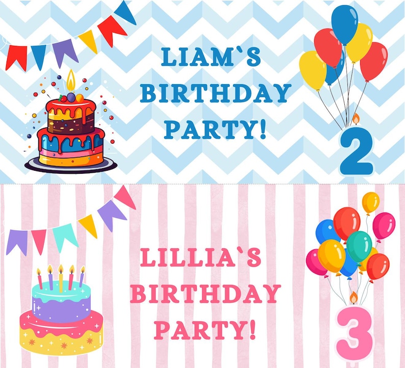 Puede incluir: Dos pancartas de fiesta de cumplea&ntilde;os. La pancarta superior tiene un fondo de chevron azul y blanco con el texto "Liam's Birthday Party!" y un pastel colorido. La pancarta inferior tiene rayas rosas, el texto "Lillia's Birthday Party!" y un pastel.
