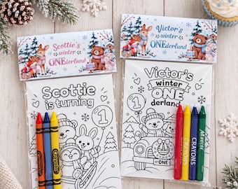 Winter ONEderland Party Favor, Woodland Coloring Pack with Crayons, First Birthday Winter Activity