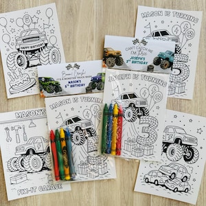 May include: A collection of black and white monster truck-themed coloring pages and invitations. The designs include birthday messages, numbers, and illustrations of monster trucks, along with a pack of colorful crayons.