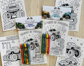 Monster Truck Party Favor, Personalized Monster Jam Coloring Pages with Crayons, Big Wheels Birthday