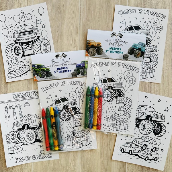 Monster Truck Party Favor, Personalized Monster Jam Coloring Pages with Crayons, Big Wheels Birthday