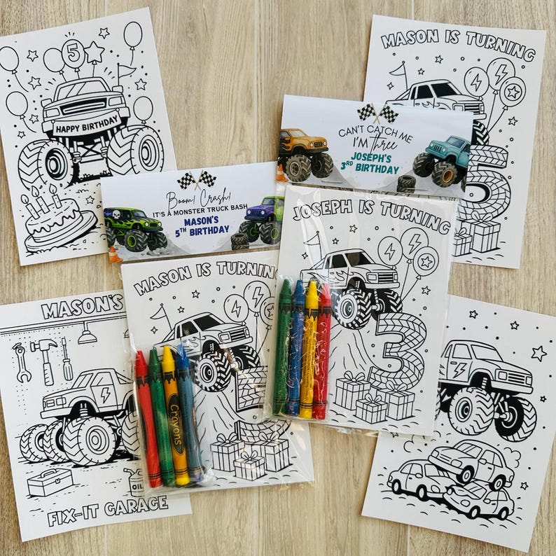 May include: A collection of black and white monster truck-themed coloring pages and invitations. The designs include birthday messages, numbers, and illustrations of monster trucks, along with a pack of colorful crayons.