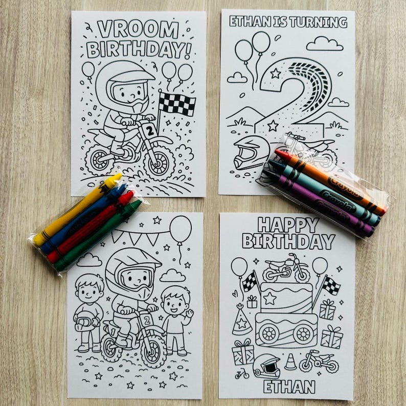May include: Four white coloring pages with birthday-themed illustrations and crayons. The pages feature motorcycles, helmets, balloons, and the phrases "Vroom Birthday," "Ethan is Turning," and "Happy Birthday." Crayons are packaged in clear plastic.