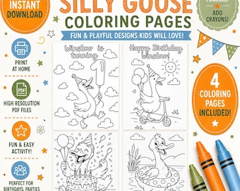 One Silly Goose Coloring Pages, Goose 1st Birthday Party Favor, Printable Coloring Sheets, Digital Download