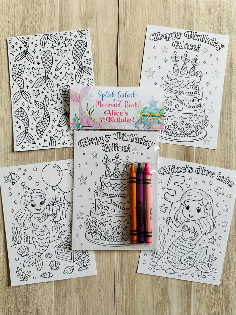 May include: A set of mermaid-themed coloring pages and crayons. The pages feature mermaids, birthday cakes, and the text "Happy Birthday Alice!" and "Alice's 5th Birthday!" The crayons are orange, purple, and pink.