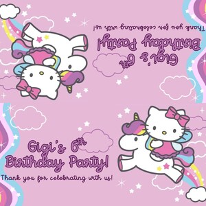 May include: A pink birthday party invitation with Hello Kitty and unicorn illustrations. Text reads "Gigi's 6th Birthday Party!" and "Thank you for celebrating with us!" The design includes rainbows, clouds, and stars.