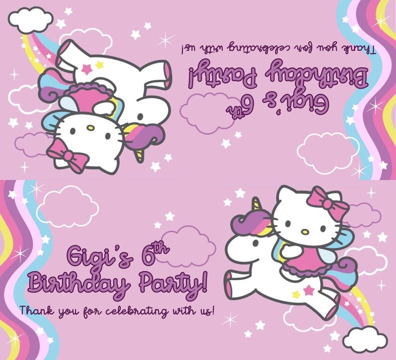 May include: A pink birthday party invitation with Hello Kitty and unicorn illustrations. Text reads "Gigi's 6th Birthday Party!" and "Thank you for celebrating with us!" The design includes rainbows, clouds, and stars.