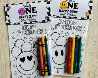 One Happy Dude Party Favor, Happy Babe Coloring Pages with Crayons, Smiley Face Theme