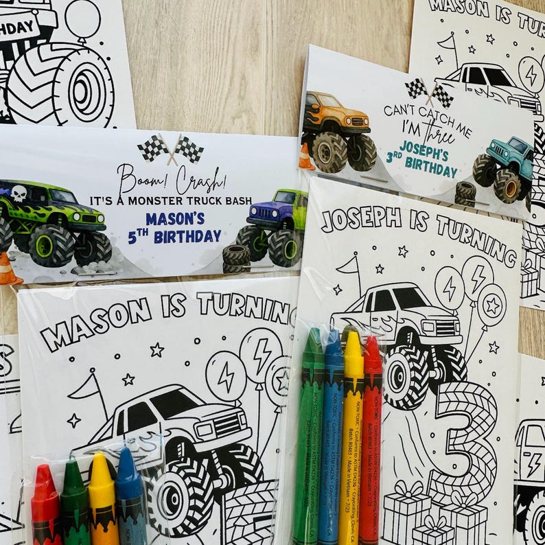 Monster Truck Party Favor, Personalized Monster Jam Coloring Pages with Crayons, Big Wheels Birthday image 8