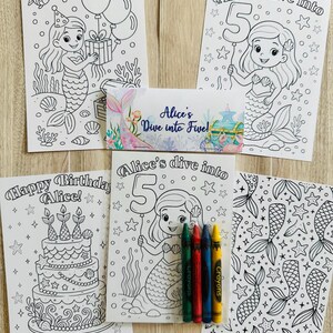 May include: A collection of mermaid-themed coloring pages and a small card, with the text "Alice's Dive into Five!" and "Happy Birthday Alice!". Includes crayons in green, red, blue, and yellow. The coloring pages feature mermaids, cakes, and balloons.