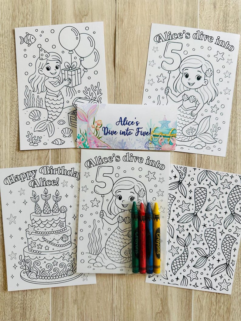 May include: A collection of mermaid-themed coloring pages and a small card, with the text "Alice's Dive into Five!" and "Happy Birthday Alice!". Includes crayons in green, red, blue, and yellow. The coloring pages feature mermaids, cakes, and balloons.