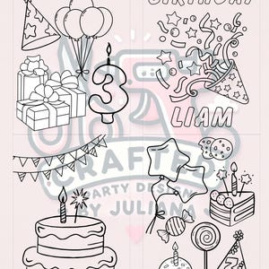 Puede incluir: Ilustraciones en blanco y negro para una fiesta de cumplea&ntilde;os. La imagen incluye un gorro de cumplea&ntilde;os, globos, regalos, una vela con el n&uacute;mero 3, confeti, una tarta, cupcakes y caramelos. El texto incluye "Liam is" y "Happy Birthday Liam".