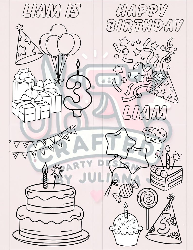 Puede incluir: Ilustraciones en blanco y negro para una fiesta de cumplea&ntilde;os. La imagen incluye un gorro de cumplea&ntilde;os, globos, regalos, una vela con el n&uacute;mero 3, confeti, una tarta, cupcakes y caramelos. El texto incluye "Liam is" y "Happy Birthday Liam".