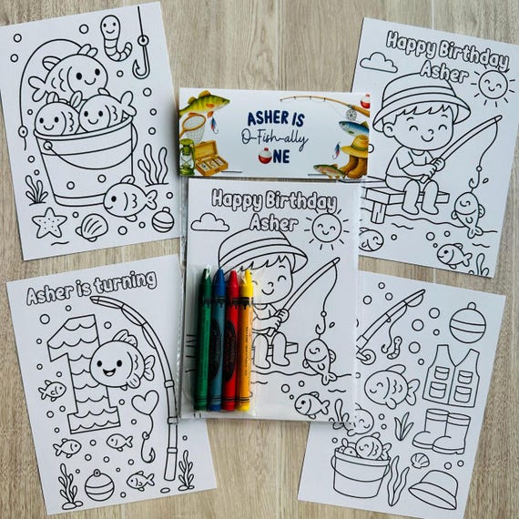 O-Fish-Ally One Party Favor, Fishing Coloring Pages with Crayons, Under the Sea 1st Birthday