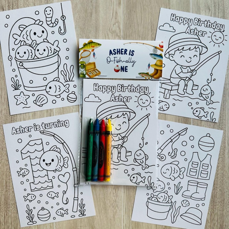 O-Fish-Ally One Party Favor, Fishing Coloring Pages with Crayons, Under the Sea 1st Birthday bild 1