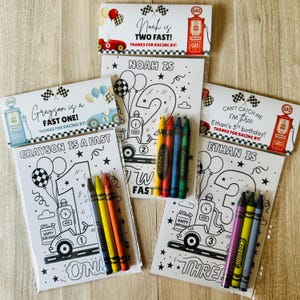Fast One Party Favor, Two Fast Coloring Pages with Crayons, Retro Race Car Birthday Activity, 1st 2nd Birthday Favor Pack
