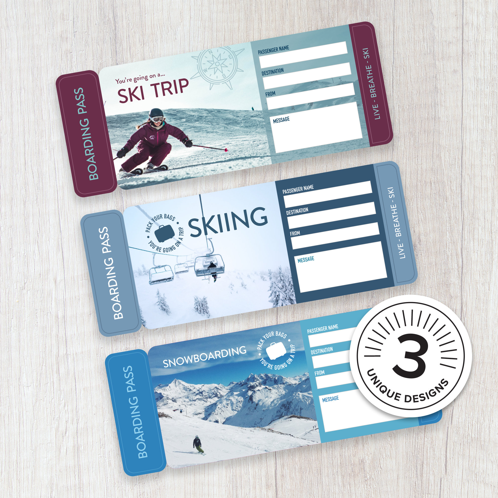 Skiing & Snowboarding Printable Surprise Trip Tickets Vacation Ticket