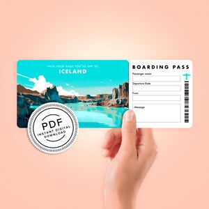 Biglietti viaggio a sorpresa in Islanda - Biglietto vacanza - Carta d'imbarco - Stampa a casa - Regalo personalizzato modificabile - Download immediato del PDF