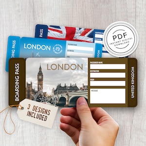 Billets de voyage surprise imprimables à Londres - Billet de vacances - Carte d'embarquement - Cadeau personnalisé - Imprimer à la maison