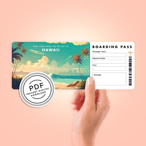 Hawaii Surprise Trip Tickets - Vacation Ticket - Boarding Pass - Print at Home- Personalised Editable Gift - PDF Instant Download