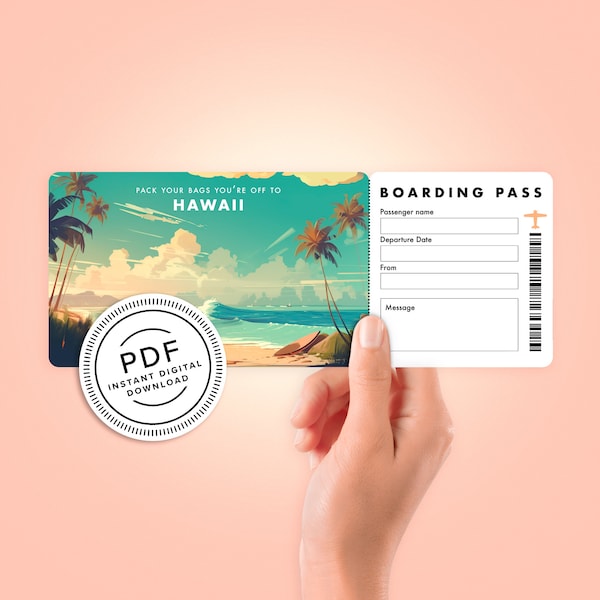 Hawaii Surprise Trip Tickets - Vacation Ticket - Boarding Pass - Print at Home- Personalised Editable Gift - PDF Instant Download