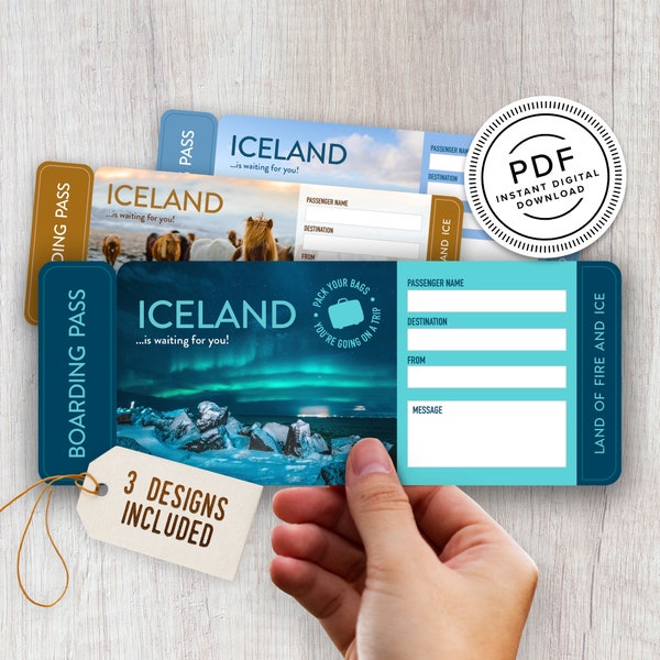 Iceland Printable Surprise Trip Tickets - Vacation Ticket - Boarding Pass - Print at Home