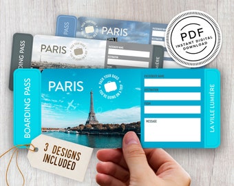 May include: Three printable boarding pass designs for a trip to Paris, France. Each pass features a blue background with a photo of the Eiffel Tower and the text "Pack your bags, you're going on a trip!"  The passes are labeled "Boarding Pass" and "Paris, La Ville Lumière".