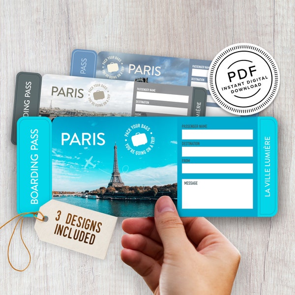 Paris Printable Surprise Trip Tickets - Vacation Ticket - Boarding Pass - Personalised Gift - Print at Home