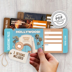 Bilhete de viagem surpresa do Universal Studios - para impressão - ingresso de férias - cartão de embarque - imprimir em casa - Hollywood