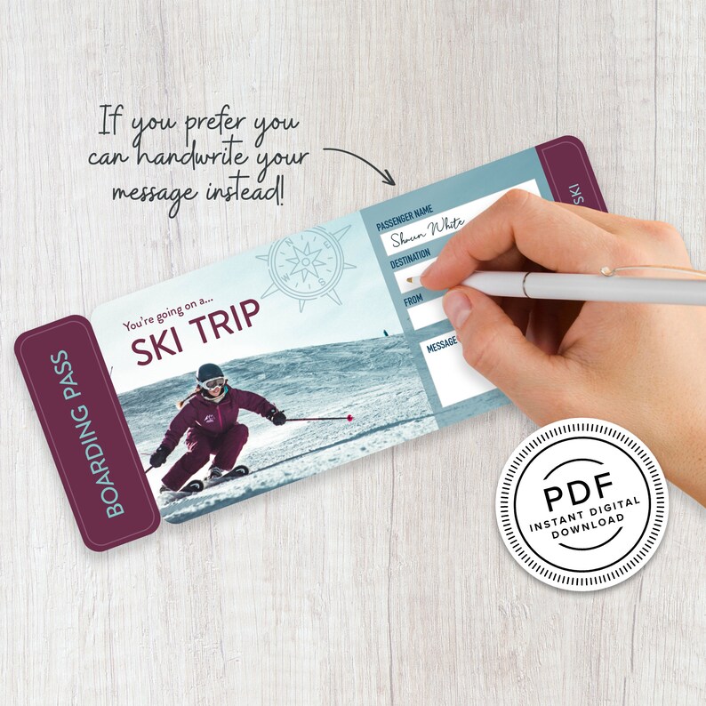 Skiing & Snowboarding Printable Surprise Trip Tickets Vacation Ticket